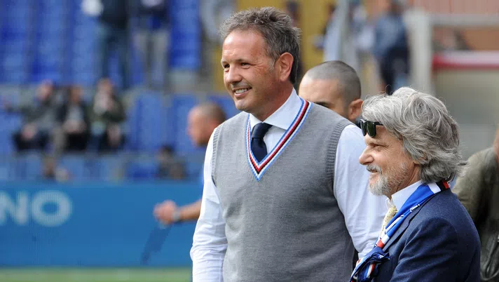 GENOA, GE - APRIL 18: Head Coach Sinisa Mihajlovic and president Massimo Ferrero of Sampdoria are seen ahead of the Serie A match between UC Sampdoria and AC Cesena at Stadio Luigi Ferraris on April 18, 2015 in Genoa, Italy.  (Photo by Getty Images/Getty Images)
