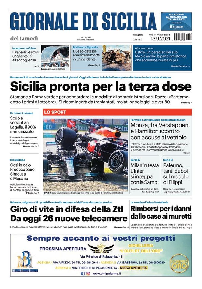Prima Pagina, Giornale di Sicilia: “Sicilia pronta per la terza dose” Prima Pagina, Giornale di Sicilia: “Sicilia pronta per la terza dose”