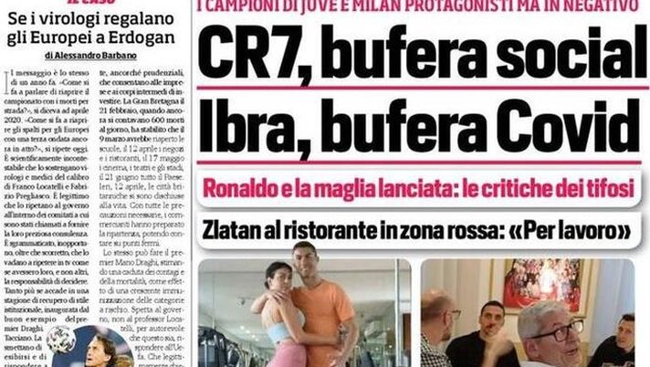 Prima Pagina, Corriere dello Sport: “CR7, bufera social! Ibra, bufera Covid. Champions a 75-78 punti. Psg-Bayern, la rivincita” 