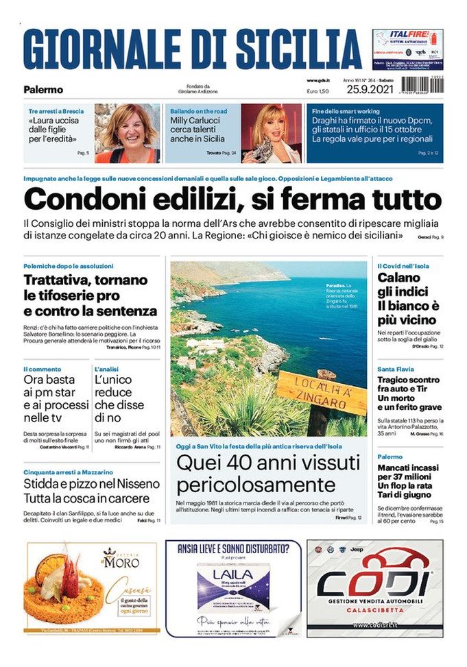 Prima Pagina, Giornale di Sicilia: “Condoni edilizi, si ferma tutto” 