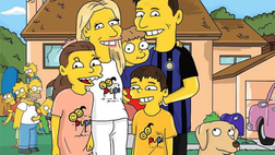 Zanetti e la sua famiglia in versione Simpson. Logo della Fondazione Pupi e maglia dell’Inter