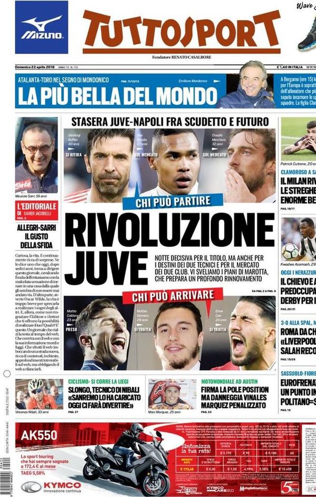 Prima Pagina, Tuttosport: “Rivoluzione Juve. Allegri-Sarri, il gusto della sfida. Roma: ‘Liverpool, eccoci’. Atalanta-Toro nel segno di Mondonico…” Prima Pagina, Tuttosport: “Rivoluzione Juve. Allegri-Sarri, il gusto della sfida. Roma: ‘Liverpool, eccoci’. Atalanta-Toro nel segno di Mondonico…”