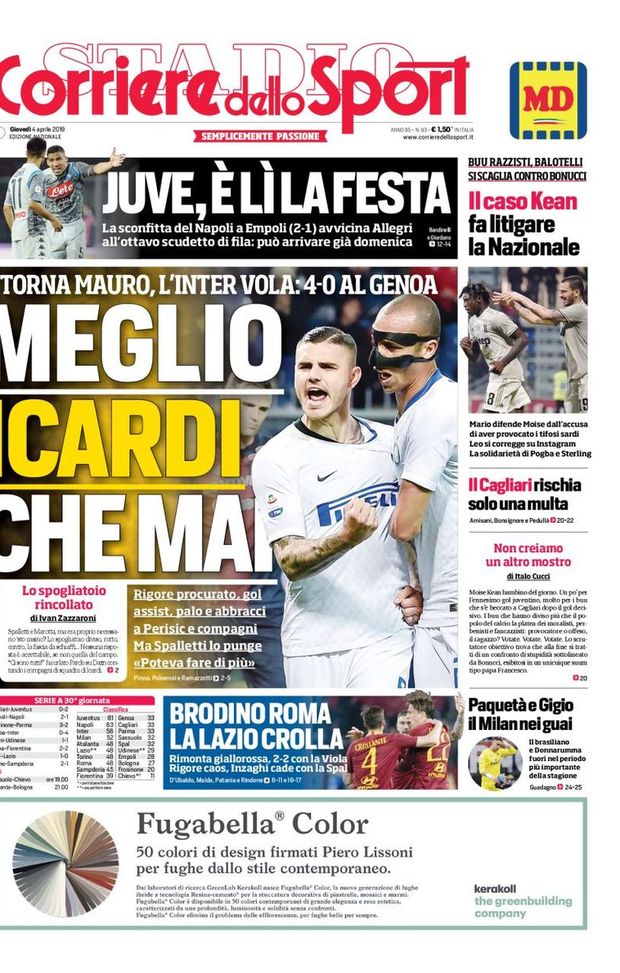 Prima Pagina, Corriere dello Sport: “Meglio Icardi che mai. Juve, è lì la festa. Brodino Roma, la Lazio crolla” Prima Pagina, Corriere dello Sport: “Meglio Icardi che mai. Juve, è lì la festa. Brodino Roma, la Lazio crolla”