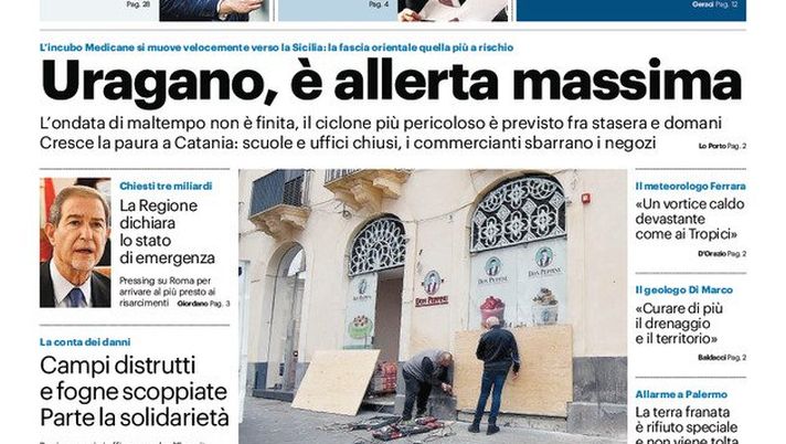 Prima Pagina, Giornale di Sicilia: “Uragano, è allerta massima” Prima Pagina, Giornale di Sicilia: “Uragano, è allerta massima” - immagine 1