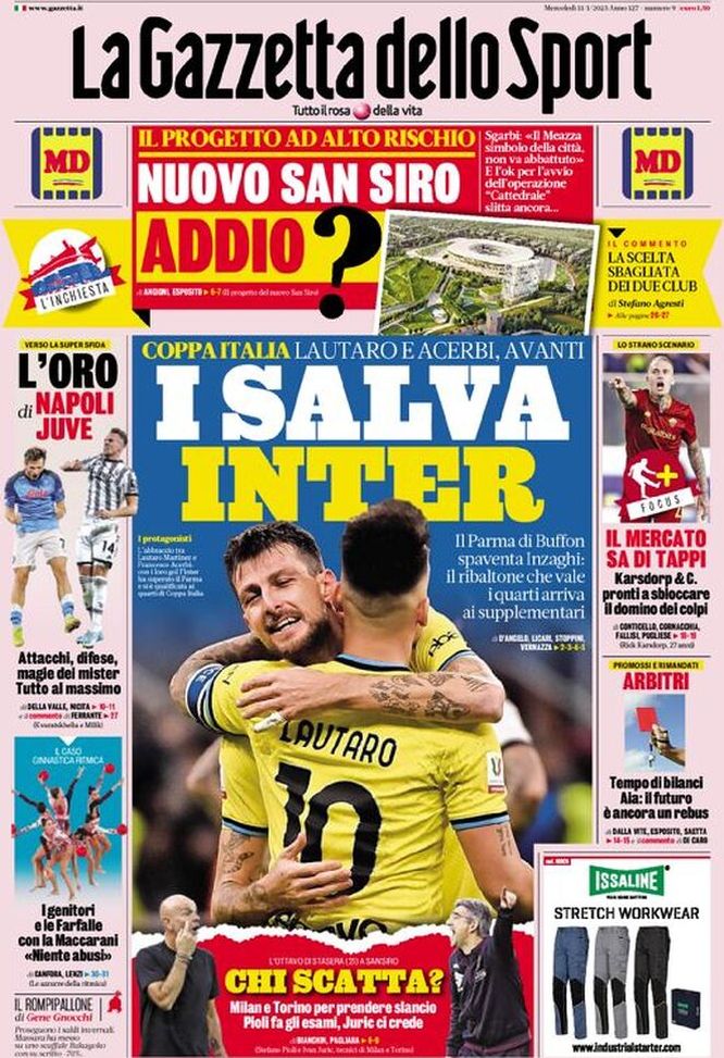 Prima pagina Gazzetta dello Sport 11-01-2023