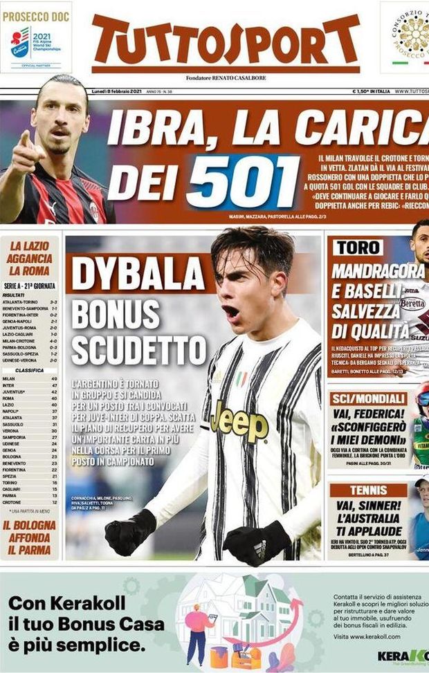 Prima pagina, Tuttosport: “Ibra, la carica dei 501. Dybala, bonus Scudetto” Prima pagina, Tuttosport: “Ibra, la carica dei 501. Dybala, bonus Scudetto”