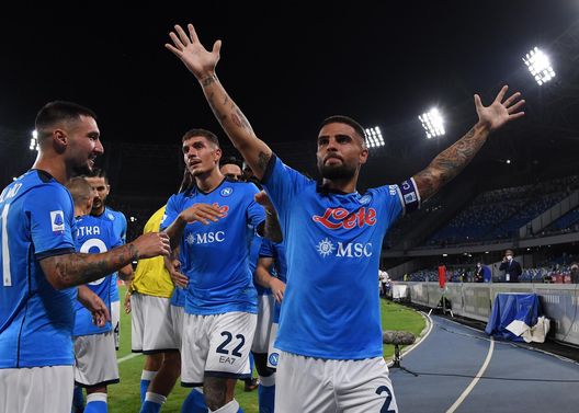 NAPLES, ITALY - AUGUST 22: Lorenzo Insigne of Napoli celebrates after scoring the first goal of Napoli during the Serie A match between SSC Napoli v Venezia FC at Stadio Diego Armando Maradona on August 22, 2021 in Naples, Italy. (Photo by SSC NAPOLI/SSC NAPOLI via Getty Images) NAPLES, ITALY - AUGUST 22: Lorenzo Insigne of Napoli celebrates after scoring the first goal of Napoli during the Serie A match between SSC Napoli v Venezia FC at Stadio Diego Armando Maradona on August 22, 2021 in Naples, Italy. (Photo by SSC NAPOLI/SSC NAPOLI via Getty Images)