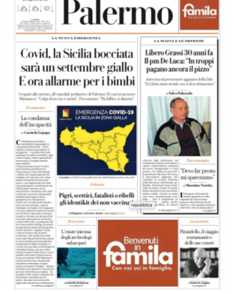 Prima Pagina, La Repubblica Palermo: “Covid, la Sicilia bocciata” Prima Pagina, La Repubblica Palermo: “Covid, la Sicilia bocciata”