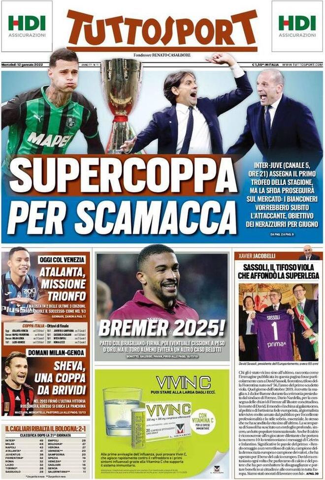 Prima pagina Tuttosport: Supercoppa per Scamacca- immagine 2