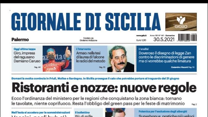 Prima Pagina, Giornale di Sicilia: “Ristoranti e nozze, nuove regole. Vaccini, negli hub quasi il tutto esaurito” 