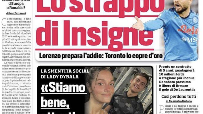 Prima Pagina, Corriere dello Sport: “Lo strappo di Insigne. Zhang tratta l’Inter” prima pagina