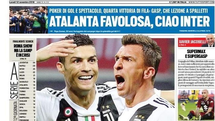 Prima Pagina, Tuttosport: &#8220;Giganti a San Siro. Atalanta favolosa, ciao Inter. Roma show&#8230;” 