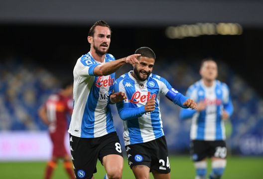 NAPLES, ITALY - NOVEMBER 29: Fabian of SSC Napoli celebrates with teammate Lorenzo Insigne after scoring their sides second goal during the Serie A match between SSC Napoli and AS Roma at Stadio San Paolo on November 29, 2020 in Naples, Italy. Sporting stadiums around Italy remain under strict restrictions due to the Coronavirus Pandemic as Government social distancing laws prohibit fans inside venues resulting in games being played behind closed doors. (Photo by Francesco Pecoraro/Getty Images) NAPLES, ITALY - NOVEMBER 29: Fabian of SSC Napoli celebrates with teammate Lorenzo Insigne after scoring their sides second goal during the Serie A match between SSC Napoli and AS Roma at Stadio San Paolo on November 29, 2020 in Naples, Italy. Sporting stadiums around Italy remain under strict restrictions due to the Coronavirus Pandemic as Government social distancing laws prohibit fans inside venues resulting in games being played behind closed doors. (Photo by Francesco Pecoraro/Getty Images)