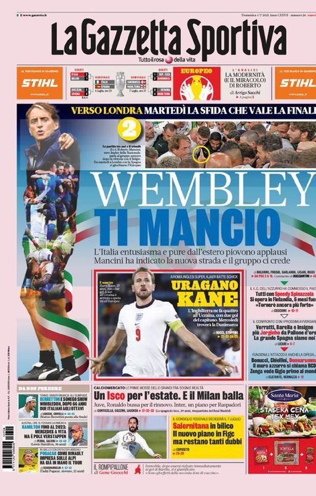 Prima Pagina, La Gazzetta dello Sport: “Wembley, ti Mancio. Jorginho da Pallone d’Oro”  Prima Pagina, La Gazzetta dello Sport: “Wembley, ti Mancio. Jorginho da Pallone d’Oro”