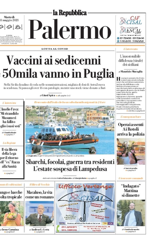 Prima Pagina, La Repubblica-Palermo: “Vaccini ai sedicenni e 50mila vanno in Puglia”  Prima Pagina, La Repubblica-Palermo: “Vaccini ai sedicenni e 50mila vanno in Puglia”