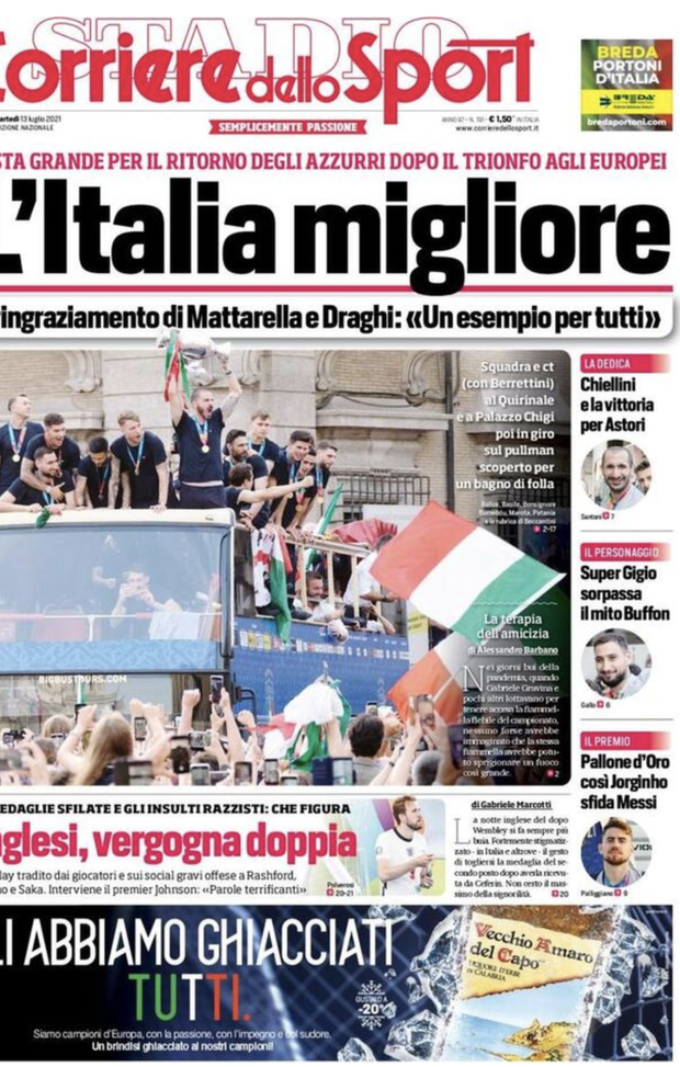 Prima Pagina, Corriere dello Sport: &#8220;L&#8217;Italia migliore. Inglesi, vergogna doppia&#8221; 