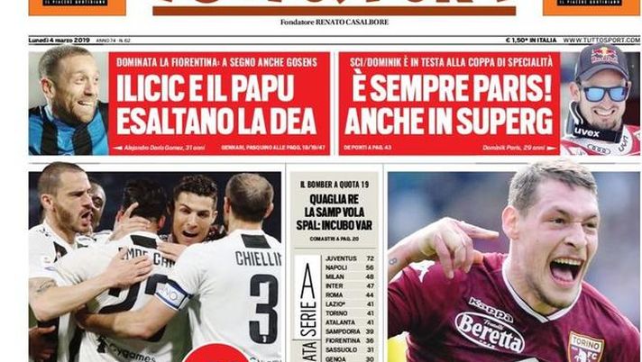 Prima Pagina, Tuttosport: “Juve a Napoli esce l’8. Che Toro! Ilicic e il Papu esaltano la Dea. Quaglia re…” 