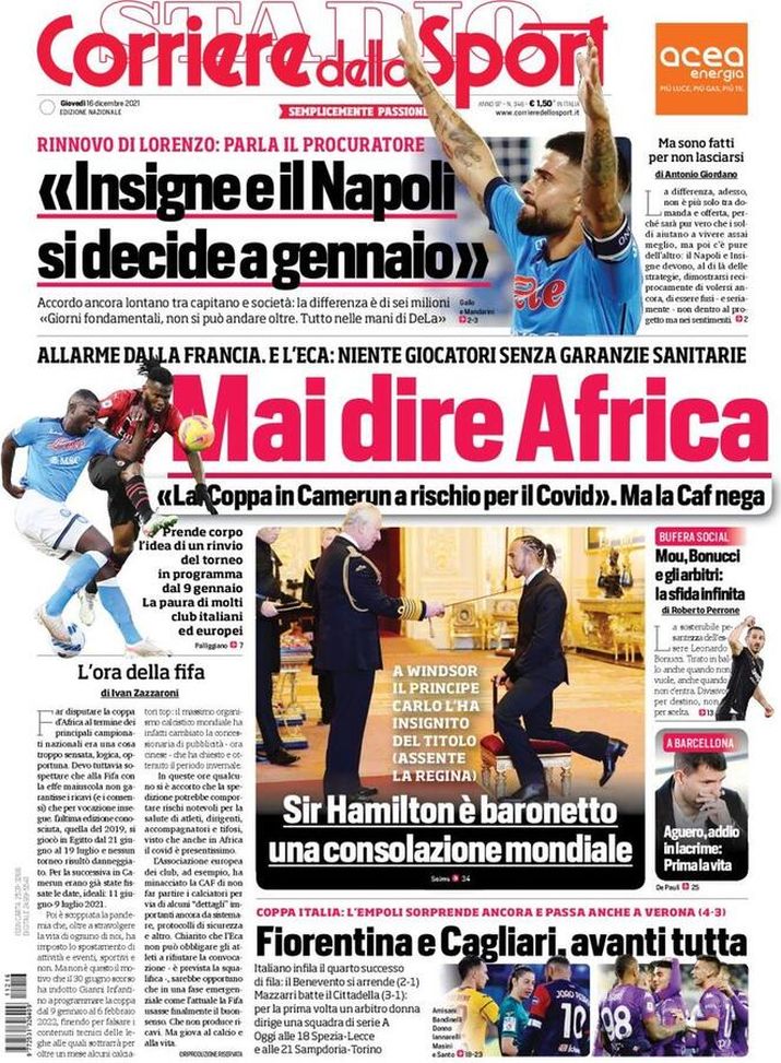 Il Corriere dello Sport, la prima pagina di oggi, giovedì 16 dicembre 2021