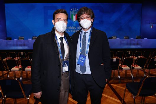  ROME, ITALY - FEBRUARY 22: (L-R) AS Roma Sport Director Tiago Pinto and Demetrio Albertini of FIGC attend the FIGC Elective Assembly at Cavalieri Waldorf Astoria Hotel on February 21, 2021 in Rome, Italy. (Photo by Paolo Bruno/Getty Images) 