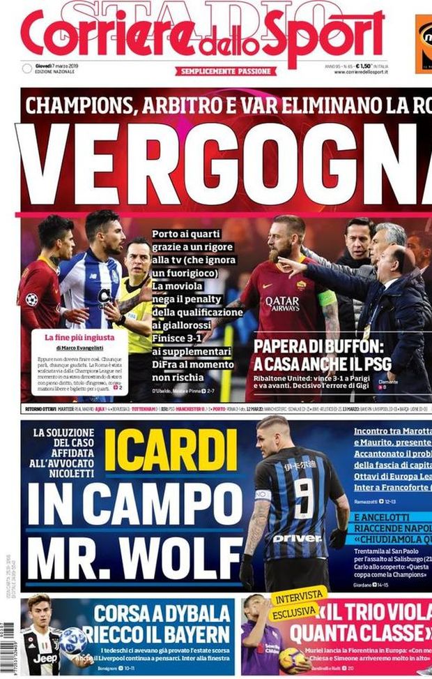 Prima Pagina, Corriere dello Sport: “Vergogna. Icardi, in campo mr. Wolf. Papera di Buffon. Corsa a Dybala…” Prima Pagina, Corriere dello Sport: “Vergogna. Icardi, in campo mr. Wolf. Papera di Buffon. Corsa a Dybala…”