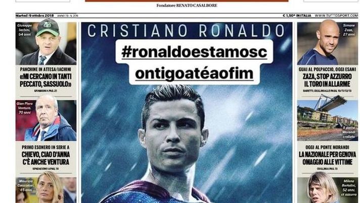 Prima Pagina, Tuttosport: “Giù le mani da CR7. La Nazionale per Genova. Icardi-Higuain al top, derby totale…”  Prima Pagina, Tuttosport: “Giù le mani da CR7. La Nazionale per Genova. Icardi-Higuain al top, derby totale…”