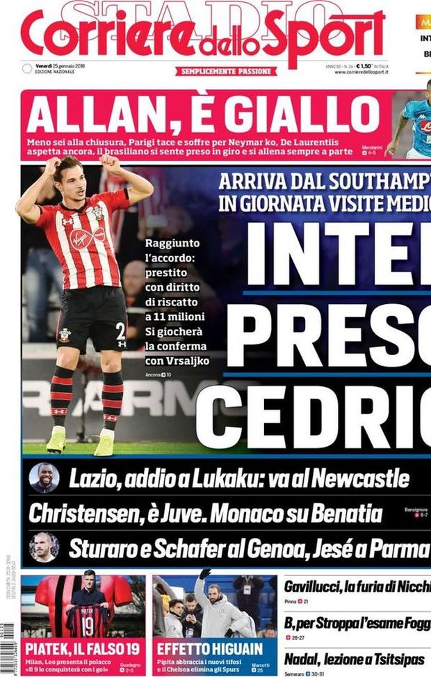 Prima Pagina, Corriere dello Sport: “Inter, preso Cedric. Allan, è giallo. Christensen, è Juve. Effetto Higuain…” Prima Pagina, Corriere dello Sport: “Inter, preso Cedric. Allan, è giallo. Christensen, è Juve. Effetto Higuain…”