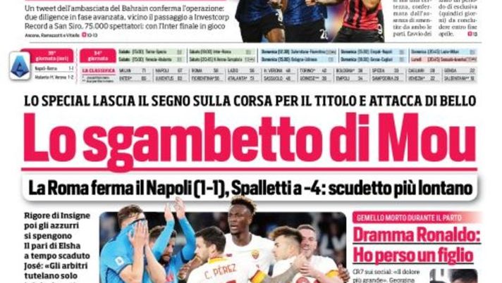 Prima Pagina, Corriere dello Sport: “Lo sgambetto di Mou. Milan, il derby da…”  Prima Pagina