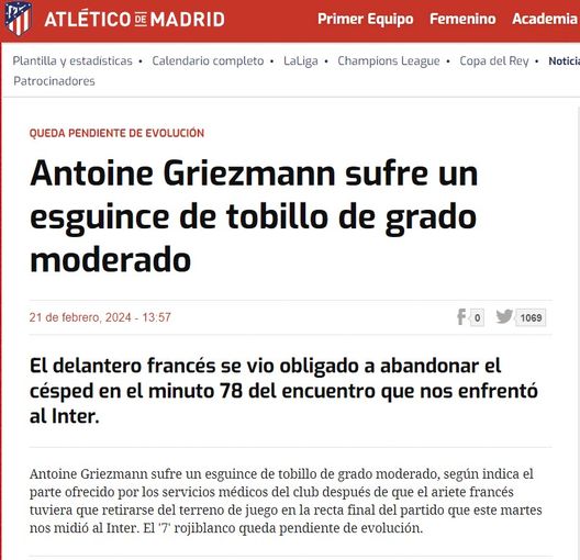 L’Atletico: “Distorsione alla caviglia per Griezmann nella gara con l’Inter”- immagine 2
