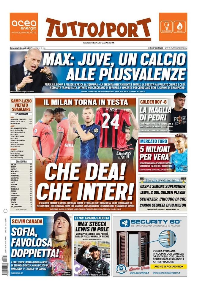 Prima Pagina, Tuttosport: “Che Dea! Che Inter! Il Milan torna in testa” - immagine 1