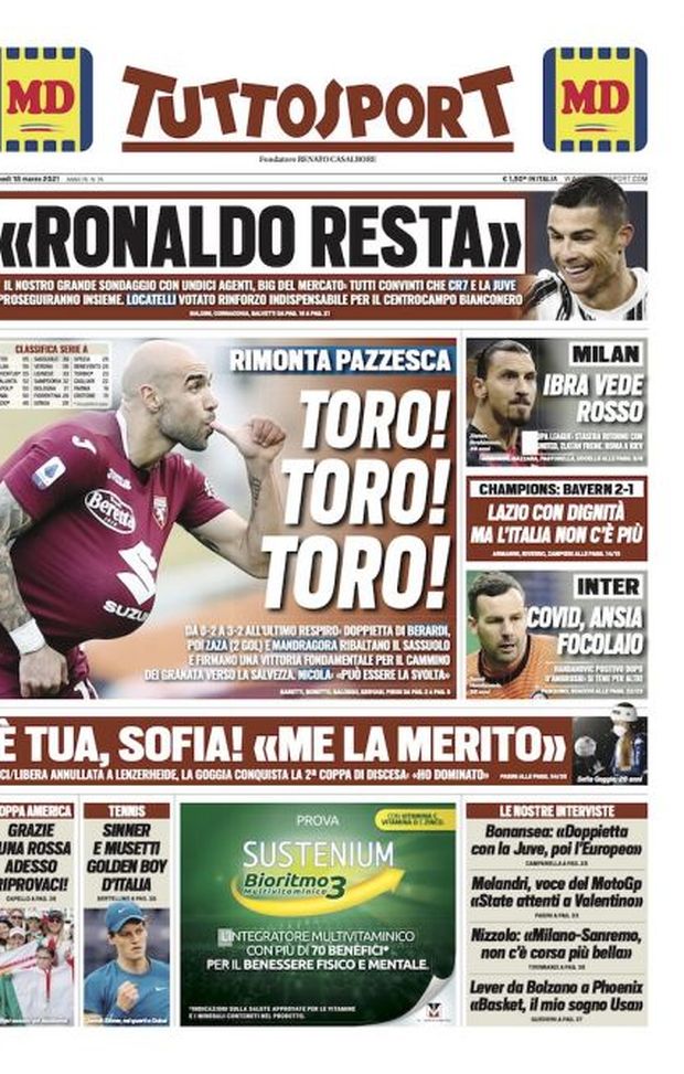 Prima Pagina, Tuttosport: “Toro! Toro! Toro! Rimonta pazzesca. Ronaldo resta”  Prima Pagina, Tuttosport: “Toro! Toro! Toro! Rimonta pazzesca. Ronaldo resta”