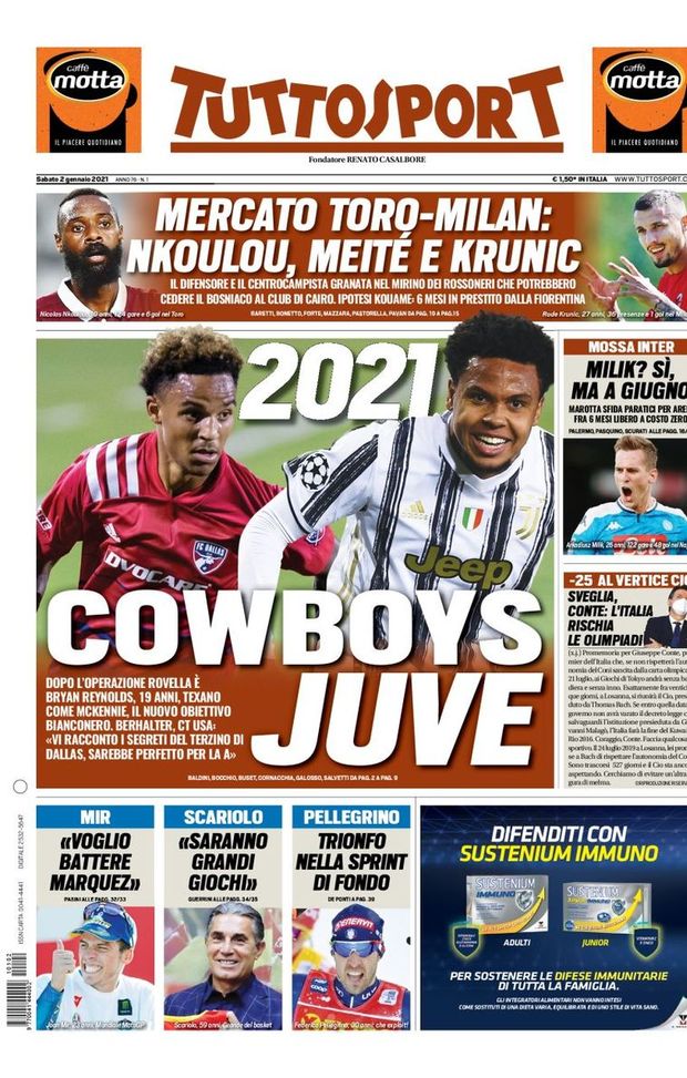 Prima pagina, Tuttosport: “Cowboys Juve. Inter, Milik a giugno. Mercato Toro-Milan” Prima pagina, Tuttosport: “Cowboys Juve. Inter, Milik a giugno. Mercato Toro-Milan”
