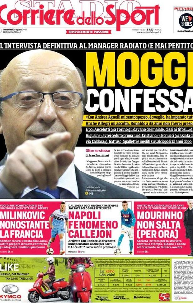 Prima Pagina, Corriere dello Sport: “Moggi confessa. Milinkovic nonostante la Francia. Fenomeno Callejon. Mourinho non salta…” Prima Pagina, Corriere dello Sport: “Moggi confessa. Milinkovic nonostante la Francia. Fenomeno Callejon. Mourinho non salta…”