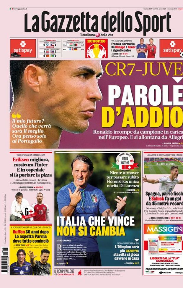 Prima Pagina, La Gazzetta dello Sport: “CR7-Juve, parole d’addio. Italia che vince non si cambia” 