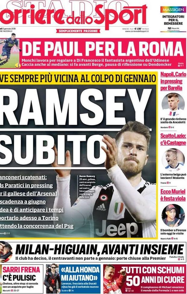 Prima Pagina, Corriere dello Sport: “Ramsey subito. De Paul per la Roma. Milan-Higuain, avanti insieme…” Prima Pagina, Corriere dello Sport: “Ramsey subito. De Paul per la Roma. Milan-Higuain, avanti insieme…”