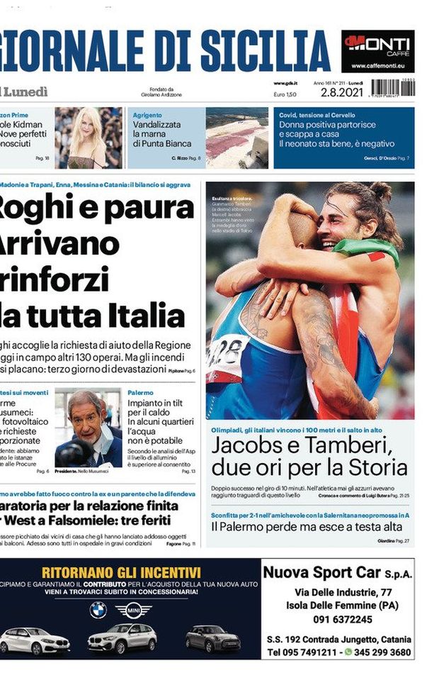 Prima Pagina, Giornale di Sicilia: “Roghi e paura arrivano rinforzi da tutta Italia” 