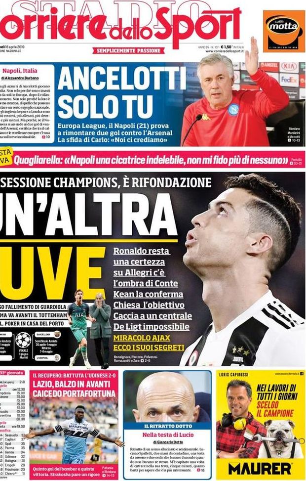 Prima Pagina, Corriere dello Sport: “Un’altra Juve. Ancelotti, solo tu. Lazio, balzo in avanti” Prima Pagina, Corriere dello Sport: “Un’altra Juve. Ancelotti, solo tu. Lazio, balzo in avanti”