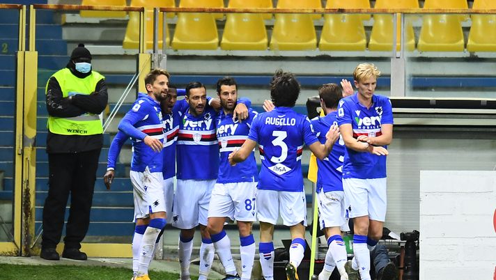 PARMA, ITALY - JANUARY 24: Keita Balde of U.C. Sampdoria celebrates with teammates after scoring their team's second goal during the Serie A match between Parma Calcio and UC Sampdoria at Stadio Ennio Tardini on January 24, 2021 in Parma, Italy. Sporting stadiums around Italy remain under strict restrictions due to the Coronavirus Pandemic as Government social distancing laws prohibit fans inside venues resulting in games being played behind closed doors. (Photo by Alessandro Sabattini/Getty Images) PARMA, ITALY - JANUARY 24: Keita Balde of U.C. Sampdoria celebrates with teammates after scoring their team's second goal during the Serie A match between Parma Calcio and UC Sampdoria at Stadio Ennio Tardini on January 24, 2021 in Parma, Italy. Sporting stadiums around Italy remain under strict restrictions due to the Coronavirus Pandemic as Government social distancing laws prohibit fans inside venues resulting in games being played behind closed doors. (Photo by Alessandro Sabattini/Getty Images)