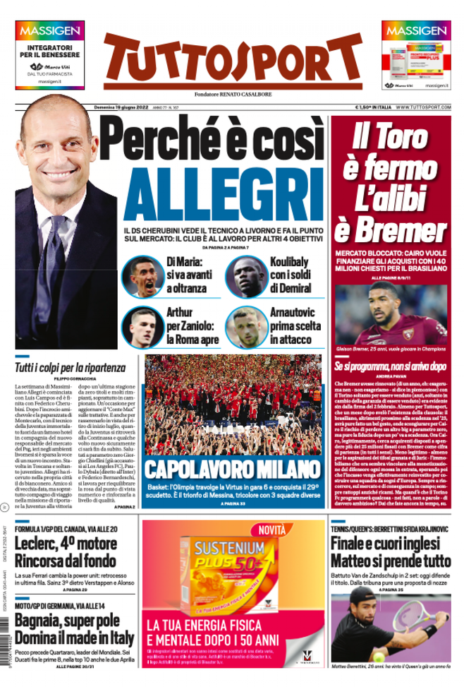 Prima Pagina, Tuttosport: “Perché è così Allegri. Il Toro è fermo, l’alibi è Bremer” Prima Pagina, Tuttosport: “Perché è così Allegri. Il Toro è fermo, l’alibi è Bremer” - immagine 1