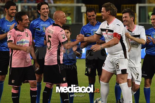 PALERMO, ITALY - JUNE 05: Salvo Ficarra, Eugenio Corini, Roberto Biffi and Valentino Picone look on during the charity match between Atletico Salvuccio and Real Valentino at Stadio Renzo Barbera on June 5, 2015 in Palermo, Italy. (Photo by Tullio M. Puglia/Getty Images) PALERMO, ITALY - JUNE 05: Salvo Ficarra, Eugenio Corini, Roberto Biffi and Valentino Picone look on during the charity match between Atletico Salvuccio and Real Valentino at Stadio Renzo Barbera on June 5, 2015 in Palermo, Italy. (Photo by Tullio M. Puglia/Getty Images)