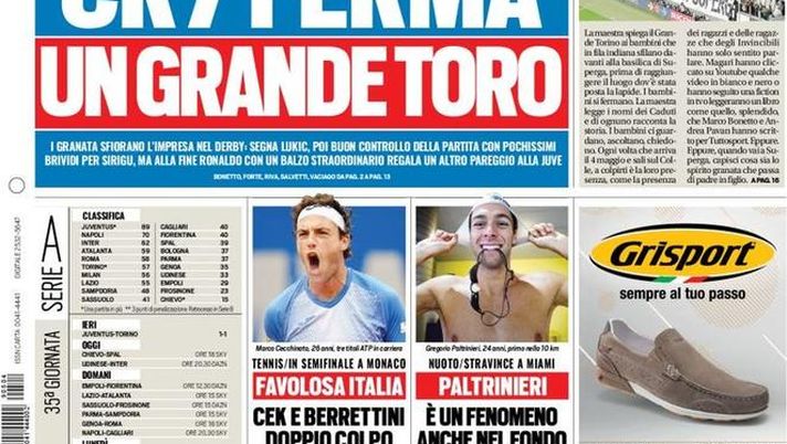 Prima Pagina, Tuttosport: “CR7 ferma un grande Toro. Gli Immortali sempre nel cuore” Prima Pagina, Tuttosport: “CR7 ferma un grande Toro. Gli Immortali sempre nel cuore”