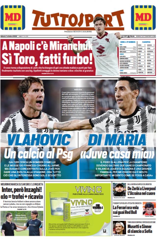 Tuttosport, la prima pagina di oggi, sabato 1° ottobre 2022 Tuttosport