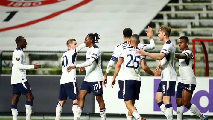 ANTWERPEN, BELGIUM - FEBRUARY 18: Joe Aribo of Rangers celebrates after scoring their sides first goal with Steven Davis of Rangers during the UEFA Europa League Round of 32 match between Royal Antwerp FC and Rangers FC at Bosuilstadion on February 18, 2021 in Antwerpen, Belgium. Sporting stadiums around Belgium remain under strict restrictions due to the Coronavirus Pandemic as Government social distancing laws prohibit fans inside venues resulting in games being played behind closed doors. (Photo by Dean Mouhtaropoulos/Getty Images) ANTWERPEN, BELGIUM - FEBRUARY 18: Joe Aribo of Rangers celebrates after scoring their sides first goal with Steven Davis of Rangers during the UEFA Europa League Round of 32 match between Royal Antwerp FC and Rangers FC at Bosuilstadion on February 18, 2021 in Antwerpen, Belgium. Sporting stadiums around Belgium remain under strict restrictions due to the Coronavirus Pandemic as Government social distancing laws prohibit fans inside venues resulting in games being played behind closed doors. (Photo by Dean Mouhtaropoulos/Getty Images)