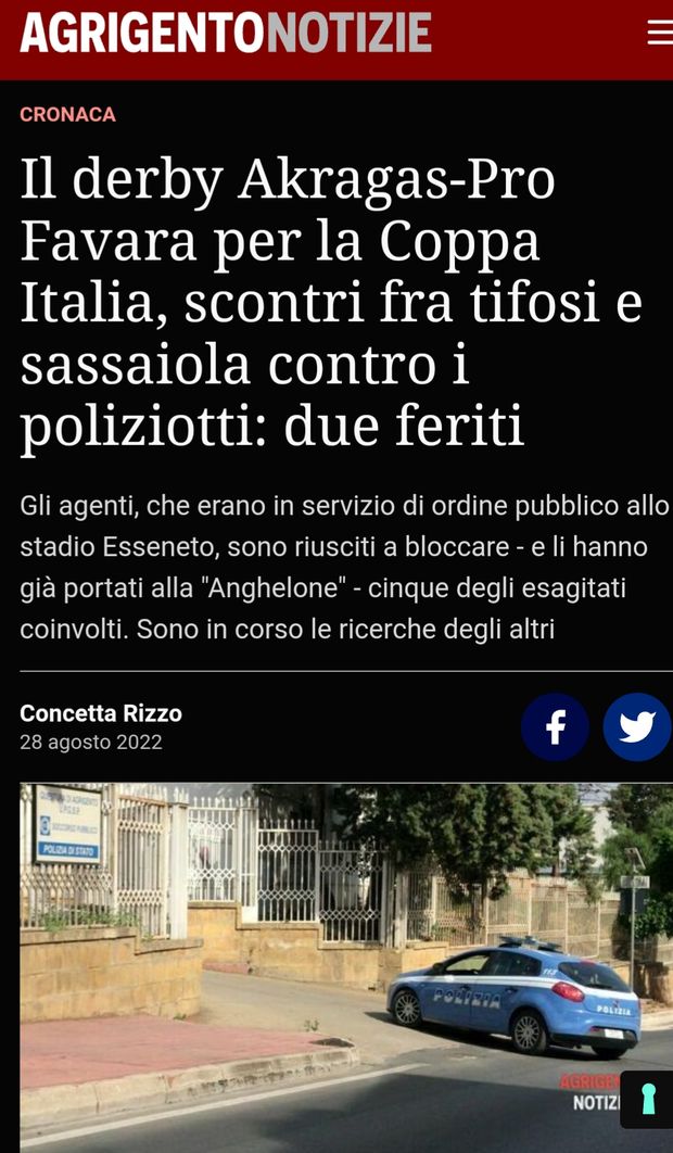 Akragas-Pro Favara, derby di Agrigento all’insegna degli scontri: 2 feriti e 5 arresti- immagine 2