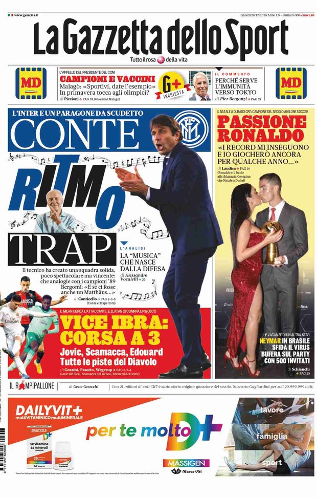 Gazzetta dello Sport, la prima pagina di oggi, lunedì 28 dicembre 2020 
