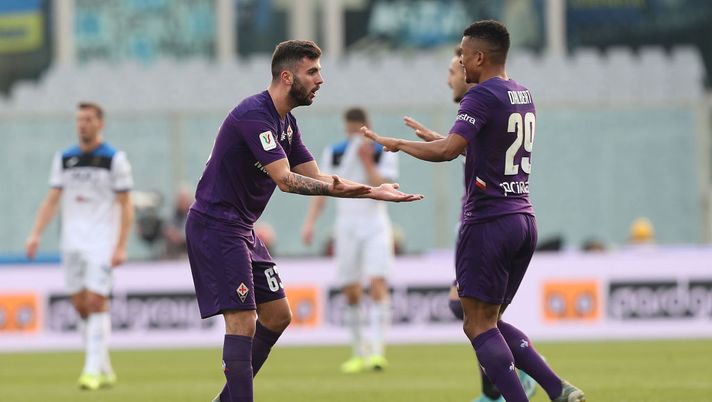 FLORENCE, ITALY - JANUARY 15: Patrick Cutrone (L) and Henrique Dalbert of ACF Fiorentina celebrate after scoring a goal at Stadio Artemio Franchi on January 15, 2020 in Florence, Italy.  (Photo by Gabriele Maltinti/Getty Images) 