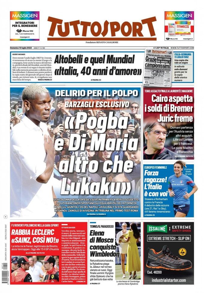 Tuttosport, la prima pagina di oggi, domenica 10 luglio 2022