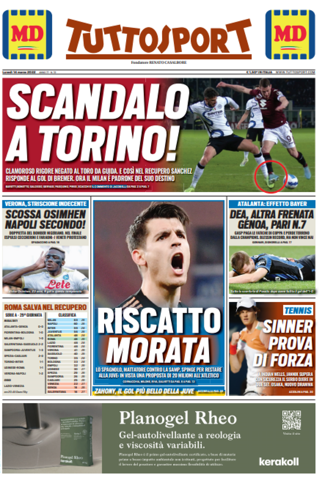 EDICOLA TS Scandalo A Torino Sanchez Risponde Al Gol Di Bremer FC 