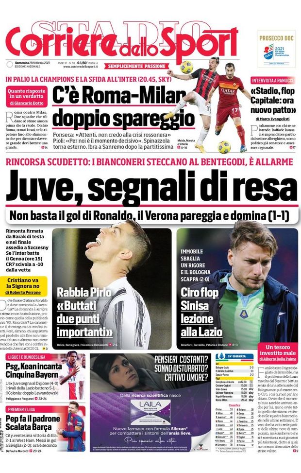 Prima Pagina, Corriere dello Sport: “Juve, segnali di resa. C’è Roma-Milan, doppio spareggio” Prima Pagina, Corriere dello Sport: “Juve, segnali di resa. C’è Roma-Milan, doppio spareggio”