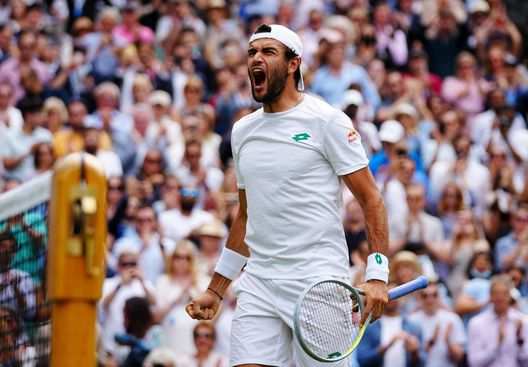  LONDON, ENGLAND - JULY 09: Matteo Berrettini of Italy celebrates in his Men's Singles Semi-Final match against Hubert Hurkacz of Poland during Day Eleven of The Championships - Wimbledon 2021 at All England Lawn Tennis and Croquet Club on July 09, 2021 in London, England. (Photo by Mike Hewitt/Getty Images) 