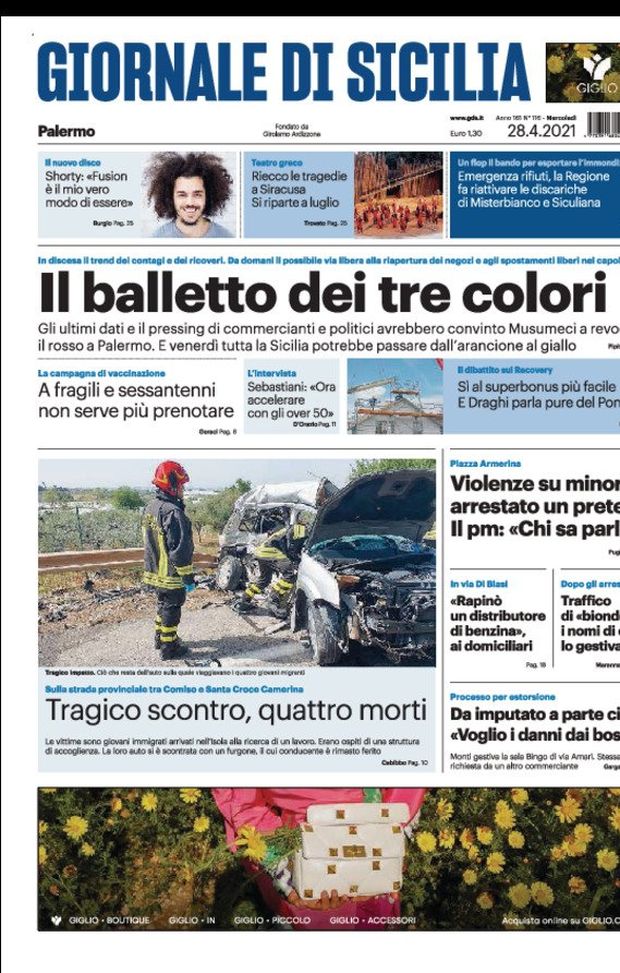 Prima Pagina, Giornale di Sicilia: “Il balletto dei tre colori. Venerdì tutta la Sicilia potrebbe passare al giallo” 
